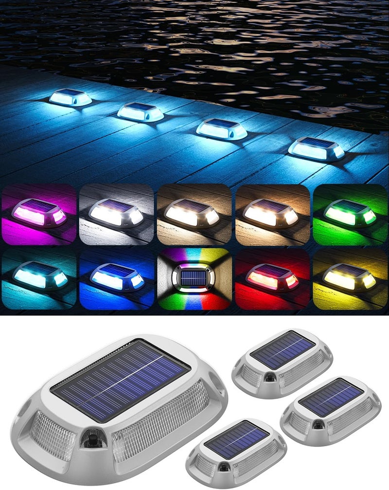 VIODAIM 4Pack Aluminum Alloy Solar Driveway Lights, IP68 Solar Deck Light Marine Dock Lights Outdoor Waterproof, Multi-color LED Driveway Markers for Walkway, Path Decor [12Modes - Strobe/RGB/Fix-color] - Image 1
